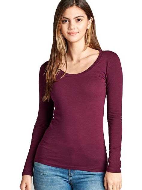 Snj Womens Long Sleeve Scoop Neck Fitted Cotton Top Basic T Shirts