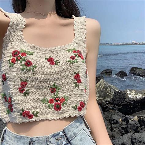 Vintage Flowers Embroidery Knitted Crop Top In 2021 Crochet Top