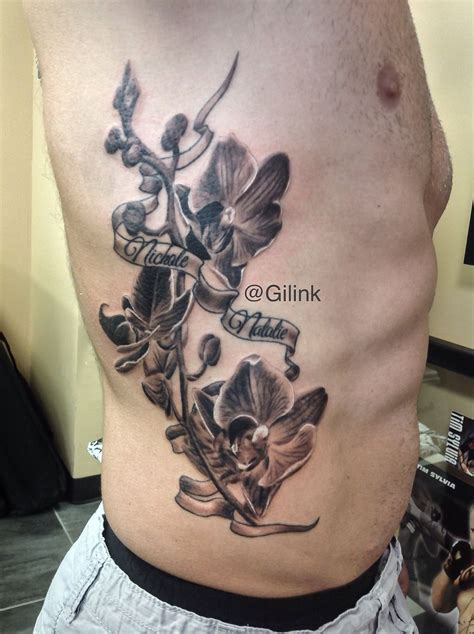 Ezequiel samuraii's black and grey realistic tattoo. Flowers, orchid, script, tattoo, tattoos, black and gray ...
