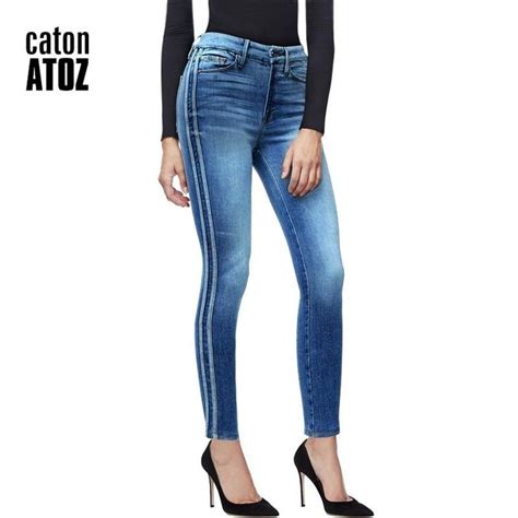 2173 Women Side Stripes High Waist Jeans Denim Striped Jeans Jeans