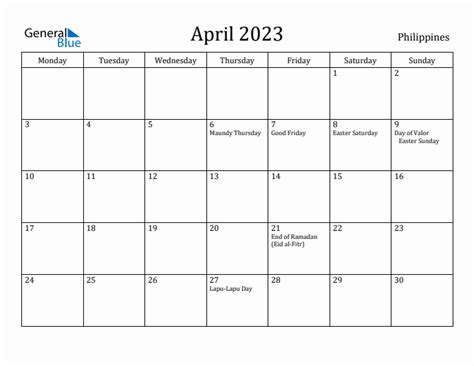 April 2023 Philippines Monthly Calendar With Holidays