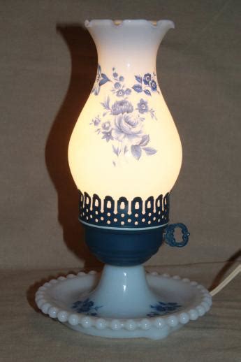 Cottage Chic Vintage Milk Glass Lamp W Hurricane Shade Blue Chintz Floral