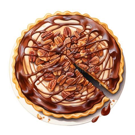 Delicious Pecan Pie With Chocolate Glaze Watercolor Illustration On