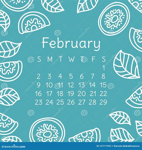 February Calendar 2020 Vector English Wall Calender Template Kiwi