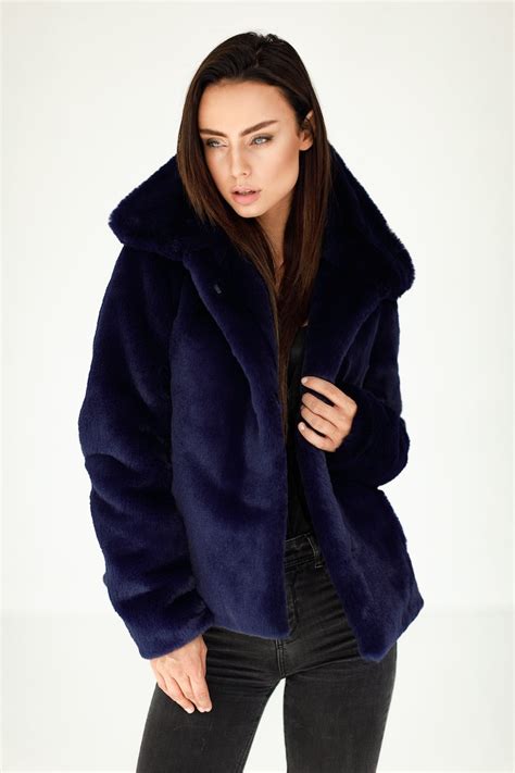 Navy Blue Short Faux Fur Fluffy Jacket With A Rounded Collar Etsy