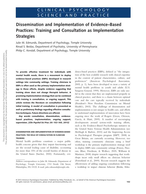 Dissemination And Implementation Of Evidence Based Practices Training And Consultation As