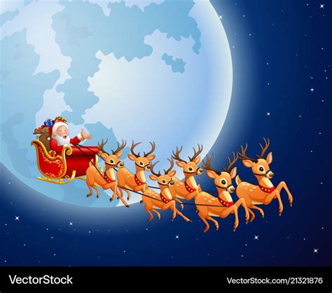 Santa Claus Rides Reindeer Sleigh Against A Full M