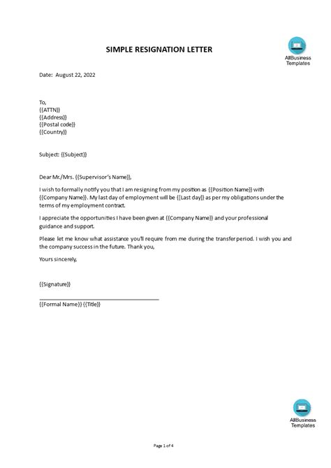 Simple Resignation Letter Templates At