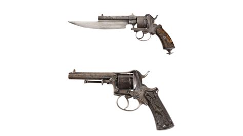 Two Engraved Antique European Double Action Pinfire Revolvers Rock