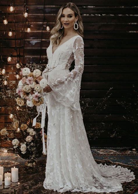 Dawn Long Sleeve V Neck Wedding Lace Dress Dreamers And Lovers