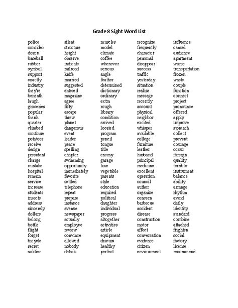 Sight Words Lists Sight Words List Grade 8