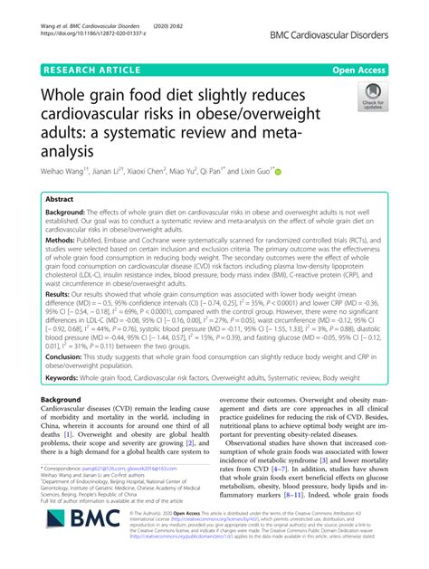 Pdf Whole Grain Food Diet Slightly Reduces Cardiovascular Risks In