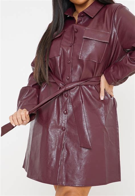 Plus Size Wine Faux Leather Utility Pocket Shirt Dress Missguided