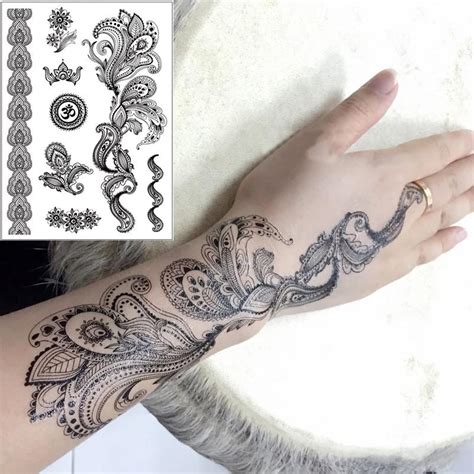 buy voorkoms black and white henna mehndi design fake lace tattoo stickers metallic temporary