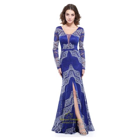 Blue Lace Overlay Long Sleeves Prom Dress With Embellished Plunge Neck