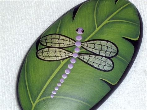 Image Detail For Lavender Dragonfly On Green Leaf Hand Painted Rock