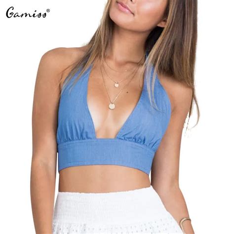 Gamiss 2016 Summer Style Blue Denim Bustier Crop Top Backless Sexy Women Tank Top Fitness Cami