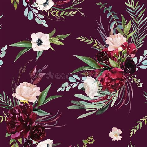 Watercolor Seamless Pattern Floral Illustration Burgundy Pink