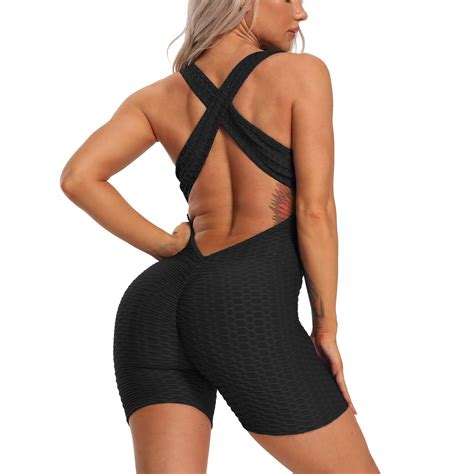 fittoo fittoo women sexy backless jumpsuits slimming one piece textured butt lift yoga