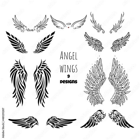 Angel Wings Tattoo Collection Isolated Black Stencils Romantic Doodle