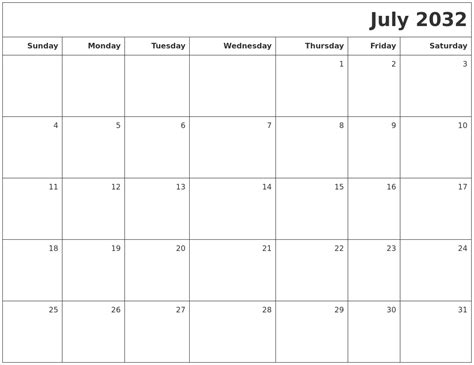 July 2032 Printable Blank Calendar