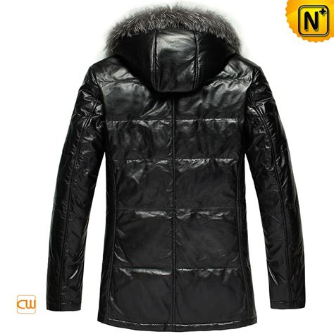 Mens Hooded Black Leather Down Jacket Cw848037