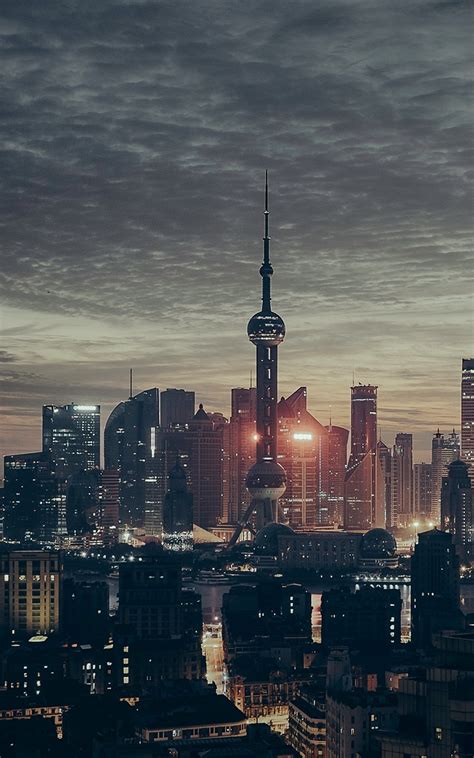 Shanghai China Skyscrapers Night Panorama 800x1280