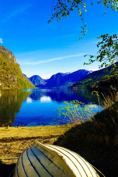 Fjord Lake And Wooden Boat Norway Scenery Norwegian Landscape Stock