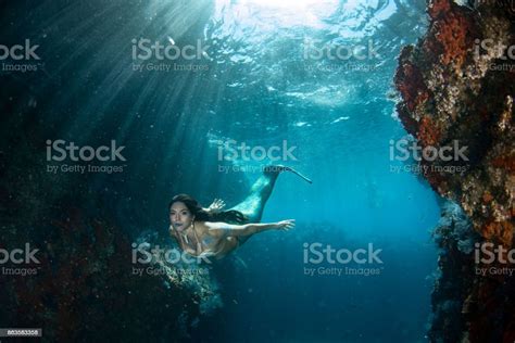 Mermaid Swimming Underwater In The Deep Blue Sea Stock Photo Download