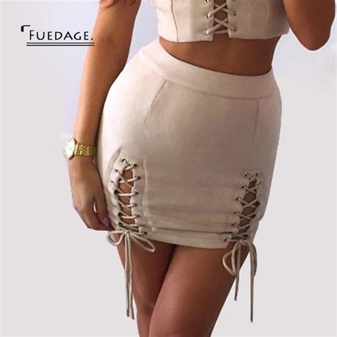 buy fuedage women skirt suede skirts 2017 summmer new wild sexy club lace up a