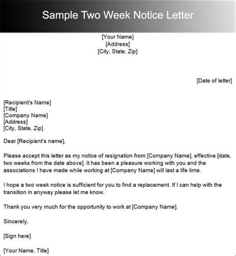 A formal resignation letter is designed for you to tender your resignation with a more refined tone than a simple letter format. Two Weeks Notice Letter Sample | Lettering, Letter sample ...
