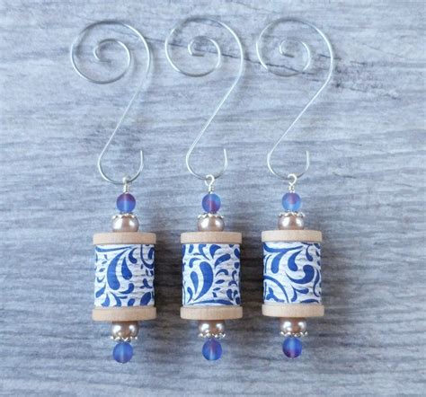 Delft Blue Thread Spool Beaded Ornaments Set Of 3 Sending Etsy