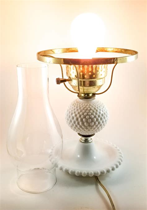 Vintage Milk Glass Hobnail Lamp With Glass Hurricane Chimney Table