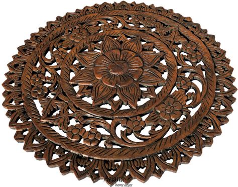 Oriental Tropical Flower Round Carved Wood Wall Decor Rustic Home Dec