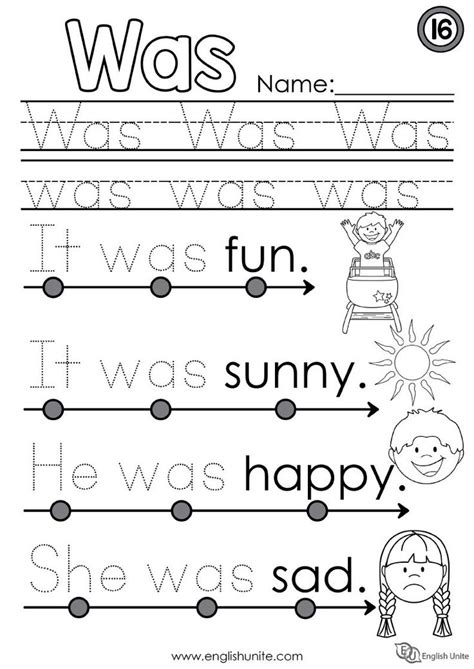 beginning reading 16 was english unite kindergarten worksheets