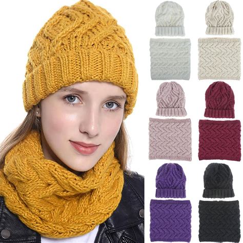 Buy Womens Winter Knitted Hat Scarf Set Thick Warm Knit Beanie Caps Ring Scarves Casual Hemming