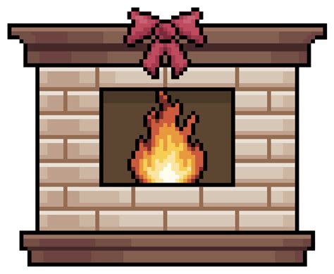 Pixel Art Fireplace With Bow Ornament Fireplace Lit Vector Icon For