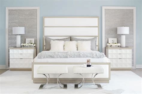 The configurable bedroom set is defined by its minimalist aesthetic, achieved through soft finishes, graceful curves, and subtle. Bernhardt Axiom 4pc Upholstered Bedroom Set in Linear Gray