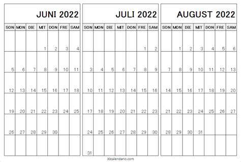 Juni Juli August 2022 Kalender Drucken Kalender 2022 Valendorlage