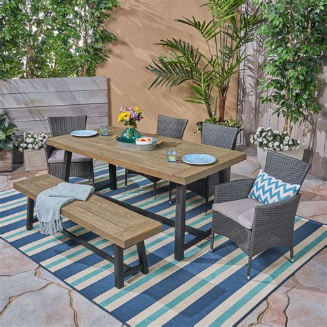 Bailee Outdoor 6 Piece Dining Set With Wicker Chairs And Bench