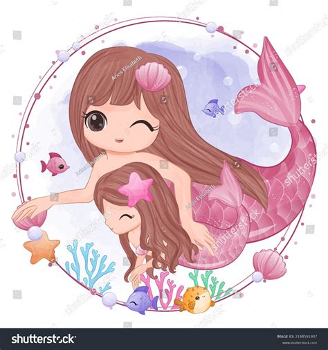 Cute Mermaid Mom Baby Watercolor Illustration Stock Vector Royalty