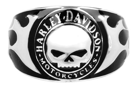 Harley Davidson Men S Willie G Skull Flames Black Enamel Ring Silver