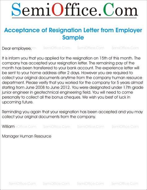 Resignation Acceptance Letter Sample