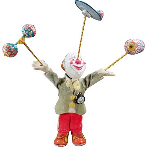 Vintage Wind Up Toy Juggling Clown Tin And Composition Japanese W