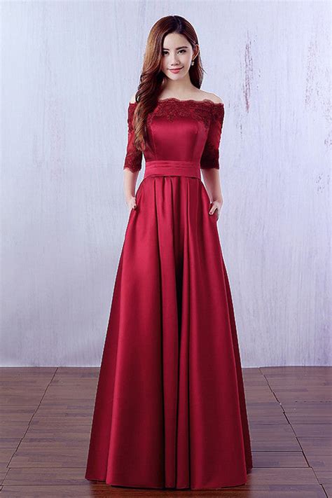 34 Long Sleeves Dark Red Evening Prom Dresses Party Gowns With Pocket