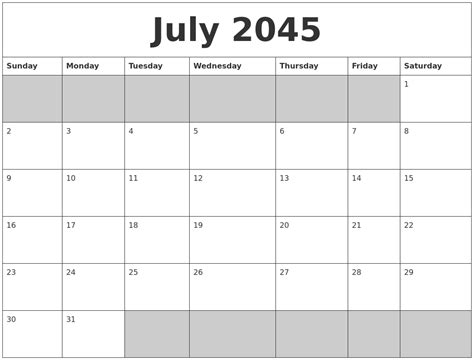 July 2045 Blank Printable Calendar