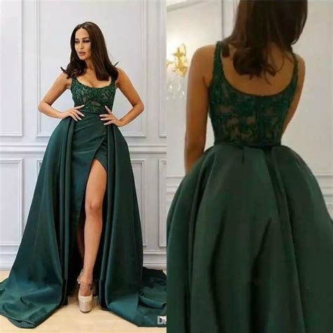 2019 Hunter Green Prom Dresses With Detachable Train Lace Applique Beaded High Side Split Formal