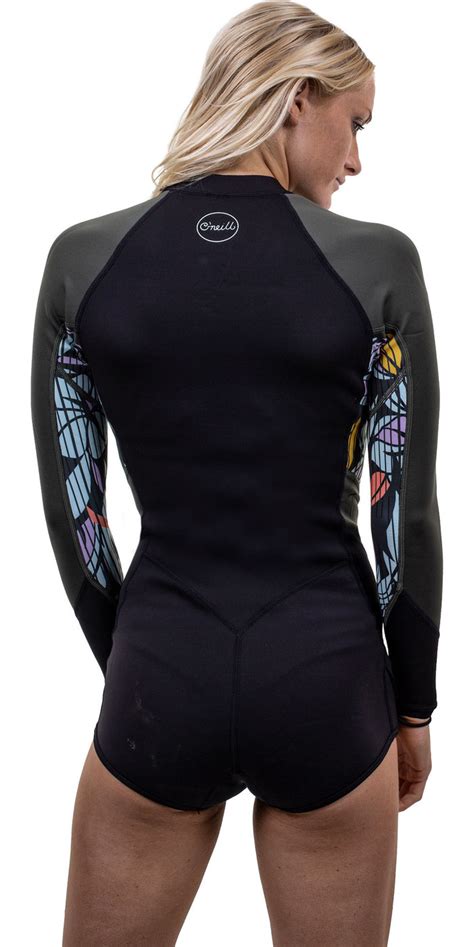 2021 Oneill Womens Bahia 21mm Front Zip Long Sleeve Shorty Wetsuit 5363 Black Wetsuit Outlet