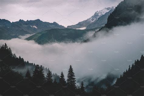 Beautiful Nature Of Racha Georgia Deep Dark Forest And Peak Foggy