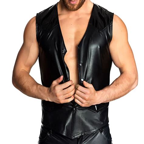 Plus Size Xxl Black V Neck Sexy Punk Patent Faux Leather Sexy Tank Tops Men Pole Dance Costume